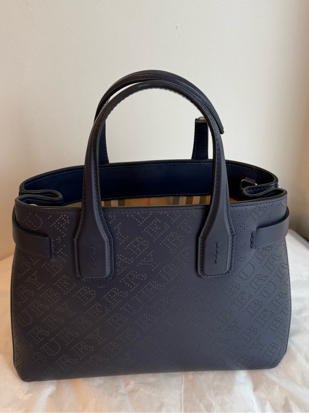 Burberry Perforated Leather Small Banner Tote Bag Navy Blue Crossbody READ NOTE